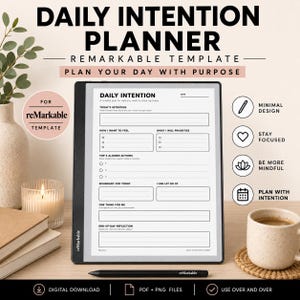 Op de afbeelding: Een digitale dagelijkse intentieplanner-sjabloon voor reMarkable-tablets. Het scherm toont een formulier met secties voor dagelijkse intenties, prioriteiten, acties, grenzen en reflecties. Inclusief een stylus en digitale downloadpictogrammen.