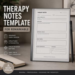 Op de afbeelding: Een digitale tablet met een sjabloon voor therapienotities met secties voor cliënt-ID, sessie, check-in, sessienotities, interventies, inzichten en volgende stappen. Een zwarte stylus bevindt zich aan de rechterkant van het scherm.