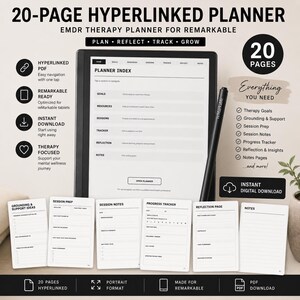 Op de afbeelding: Een 20-pagina tellende hyperlinked EMDR-therapieplanner voor reMarkable-tablets, met een digitale index, sessievoorbereiding, voortgangstracker en reflectiepagina's. De set bevat een zwarte stylus en toont de tekst PLAN REFLECT TRACK GROW.