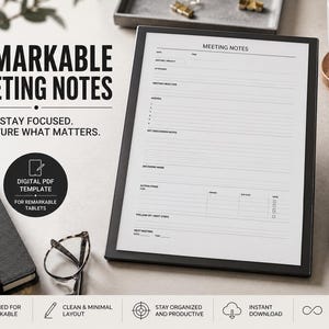Op de afbeelding: Een digitale vergadernotities PDF-sjabloon voor reMarkable-tablets, weergegeven op een tablet met een zwarte rand. Het document bevat secties voor datum, tijd, aanwezigen, agenda, discussienotities, actiepunten en vervolgstappen in zwarte tekst.