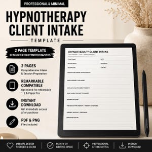 Op de afbeelding: Een digitale tablet met een hypnotherapie-intakeformulier met velden voor de naam van de cliënt, datum en sessiegegevens. Het scherm toont een strak, zwart-wit ontwerp. Een zwarte stylus ligt naast de tablet op een neutraal oppervlak.