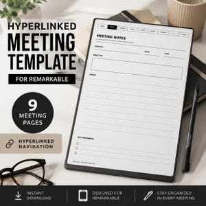 Op de afbeelding: Een digitale tablet met een notitie-sjabloon voor vergaderingen met hyperlinknavigatie. Het scherm toont velden voor vergaderdetails, doelen, notities en kernpunten. Een stylus ligt naast de tablet met een zwarte rand.