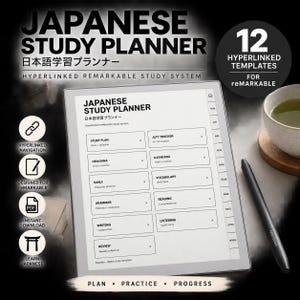 Op de afbeelding: Een digitale Japanse studieplanner voor reMarkable-tablets met 12 hyperlinked sjablonen. Het scherm toont een menu met secties voor studieplannen, JLPT-tracking, hiragana, katakana, kanji, woordenschat, grammatica, lezen, schrijven en luisteren.