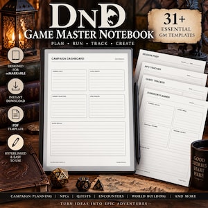 Op de afbeelding: Een digitale tablet met een D&D Game Master Notebook campagne dashboard sjabloon en een stylus. Daarnaast liggen geprinte pagina's voor sessievoorbereiding, NPC-tracking, quest-tracking en dungeon-planning, samen met polyhedrale dobbelstenen.