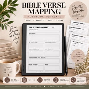 Op de afbeelding: Een digitaal Bijbelvers mapping notitieboek sjabloon voor reMarkable tablets, met een zwarte stylus en een scherm dat een gestructureerd formulier toont met velden voor schriftverwijzing, vers, trefwoorden, definities en gebed.