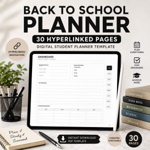 Op de afbeelding: Een digitale studentenplanner-sjabloon op een tabletscherm, met een dashboard met secties voor studentgegevens, snelle navigatie, prioriteiten en deadlines. De tekst luidt Back to School Planner 30 Hyperlinked Pages.