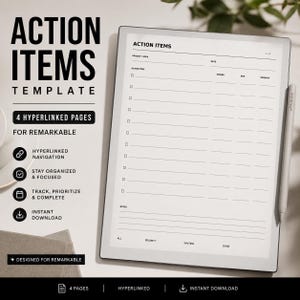 Op de afbeelding: Een actielijst-sjabloon voor Remarkable met vier hyperlinked pagina's. Het digitale document bevat velden voor project, datum, actiepunt, eigenaar, deadline en prioriteit, met een notitiesectie onderaan en een stylus aan de zijkant.