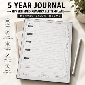 Könnte beinhalten: Eine digitale 5-Jahres-Journal-Vorlage für ein Remarkable-Tablet mit 380 Seiten, Hyperlink-Navigation und 12-Monats-Indizes. Der Bildschirm zeigt ein tägliches Layout mit Abschnitten für die Jahre 1 bis 5 und ein Feld für tägliche Einträge.