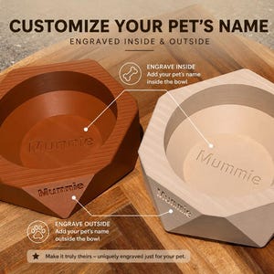 May include: Two hexagonal pet bowls, one brown and one light beige, with the name "Mummie" engraved inside and outside. The text "CUSTOMISE YOUR PET'S NAME" is at the top, with instructions to engrave inside and outside.