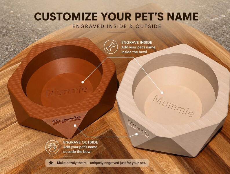 May include: Two hexagonal pet bowls, one brown and one light beige, with the name "Mummie" engraved inside and outside. The text "CUSTOMISE YOUR PET'S NAME" is at the top, with instructions to engrave inside and outside.