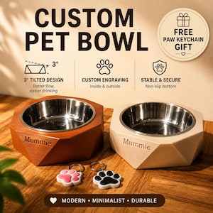 May include: Custom pet bowls with stainless steel interiors and wooden exteriors. One bowl is brown, the other is beige. Each bowl has a tilted design for easier drinking. Includes a free paw keychain gift. The text reads "Custom Pet Bowl".