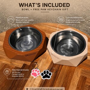 May include: Two pet bowls with stainless steel interiors and geometric wooden exteriors, one brown and one beige. The bowls are labelled "Munnie." Included are paw-shaped keychains, one pink and one black, and the text "WHAT'S INCLUDED".