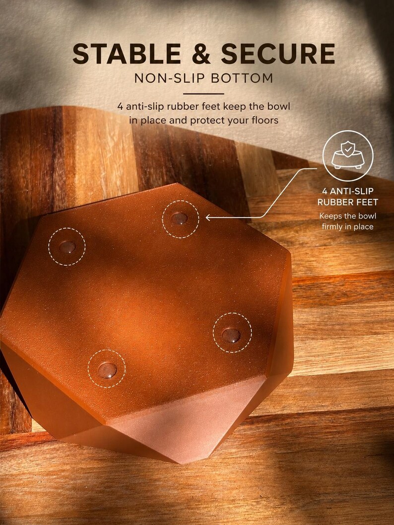 May include: A brown, geometric bowl with a non-slip base. The text "STABLE & SECURE" and "NON-SLIP BOTTOM" are visible. The bowl has four anti-slip rubber feet to keep it in place. The text "4 ANTI-SLIP RUBBER FEET Keeps the bowl firmly in place" is also visible.