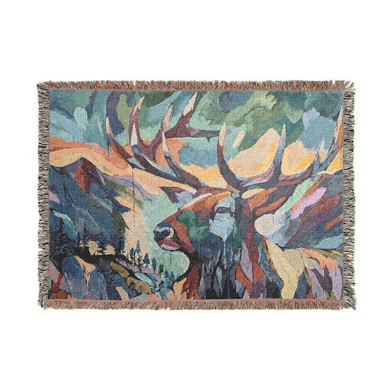 Abstract Elk Art -Woven Blanket | Elk Tapestry Throw, Woodland Colorful Design -