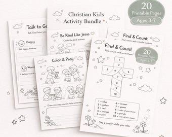 May include: A Christian Kids Activity Bundle with 20 printable pages for ages 3-7. The bundle includes activity sheets with coloring pages, counting exercises, and prompts to encourage faith-based learning through play.