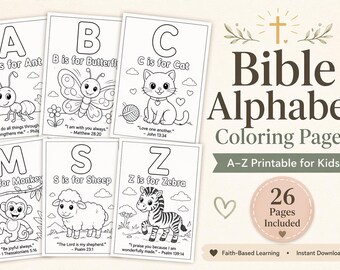 May include: Bible Alphabet coloring pages for kids. The image shows several coloring pages with letters of the alphabet and corresponding illustrations of animals. The pages include the letters A, B, C, M, S, and Z, with images of an ant, butterfly, cat, monkey, sheep, and zebra.