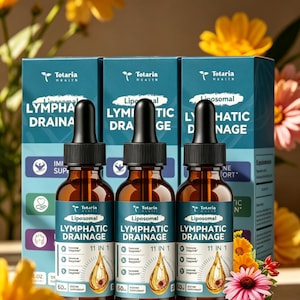May include: Three amber glass bottles with black droppers and teal labels, labeled "Liposomal Lymphatic Drainage" with a gold droplet illustration. A teal box with the same label is behind the bottles. The bottles are 60 ml each.