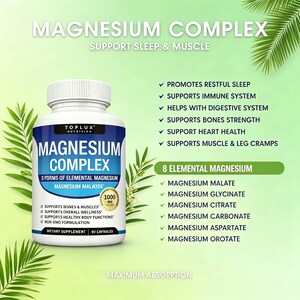 May include: A white bottle of Magnesium Complex dietary supplement with a blue and white label. The label lists benefits like supporting sleep, immune system, and muscle health. The bottle contains 90 capsules and is surrounded by green leaves.