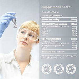 May include: A woman wearing safety glasses holds a small vial labeled "DOONE." The image includes a supplement facts panel listing ingredients like NAD, CoQ10, and Alpha Lipoic Acid. The product is globally sourced and lab verified.