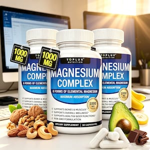 May include: Three white supplement bottles labeled "Magnesium Complex" with "1000 MG" tags. The bottles are surrounded by nuts, avocado, bananas, chocolate, and capsules. The text on the bottles reads "8 Forms of Elemental Magnesium" and "Maximum Absorption."