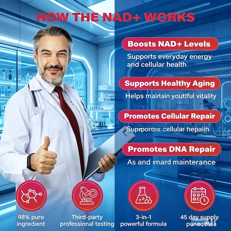 May include: An image featuring a doctor in a white coat and red tie, holding a clipboard and giving a thumbs up. Text includes "How the NAD+ Works" and details about boosting NAD+ levels, supporting healthy aging, and promoting cellular and DNA repair.