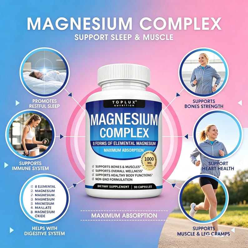 May include: A white bottle of Magnesium Complex dietary supplement with the text "8 Forms of Elemental Magnesium" and "Maximum Absorption". The image includes illustrations of people exercising and text promoting sleep, bone strength, and muscle support.
