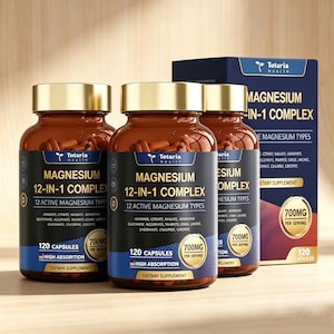 May include: Three amber-colored supplement bottles with gold lids and a navy blue label. The label reads "Magnesium 12-in-1 Complex" with 120 capsules and 700mg per serving. A navy blue box with the same text is also visible.