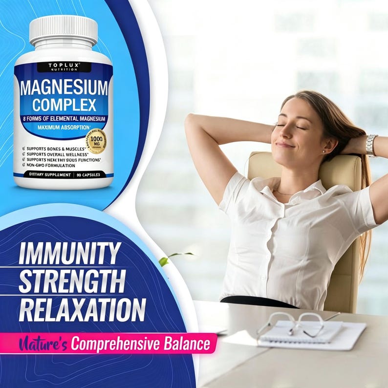 May include: A white bottle of Magnesium Complex dietary supplement with a blue and white label. The label includes text about the product's benefits and the words "Immunity, Strength, Relaxation". A woman is sitting in a chair with her arms behind her head.