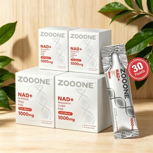 May include: White boxes of ZOOONE NAD+ supplements with a DNA strand graphic. The boxes are stacked, with one packet of the supplement and a red circle with "30 Packets" visible. The supplement contains 1000mg.