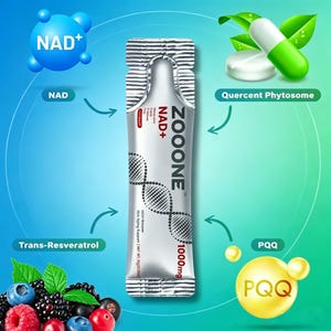 May include: A silver packet of ZOOONE NAD+ supplement with the text "1000mg". The image includes graphics of NAD+, Quercetin Phytosome, PQQ, and Trans-Resveratrol, along with various berries and a green and blue gradient background.
