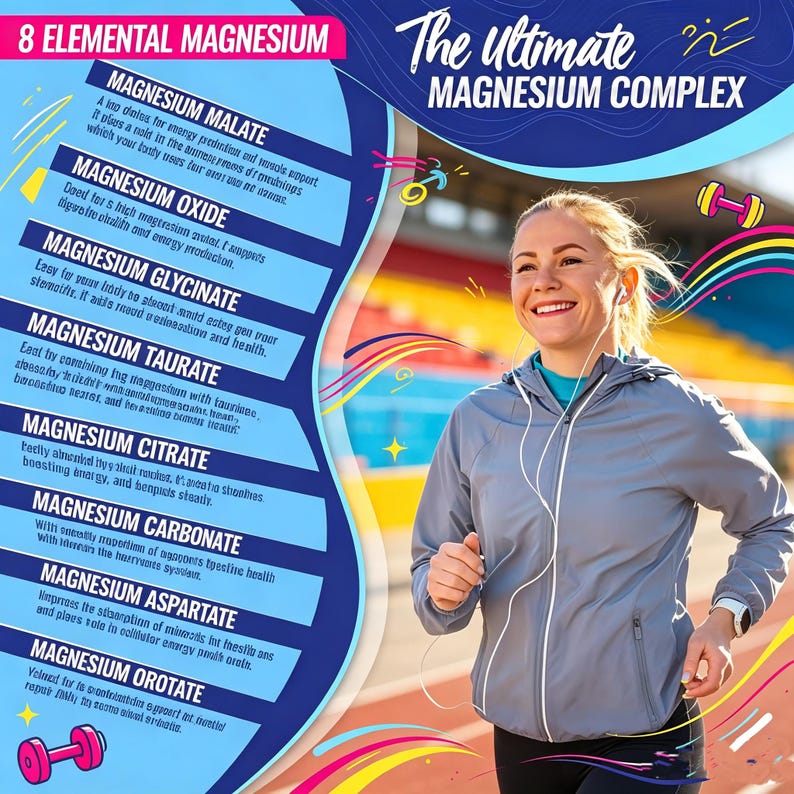 May include: An advertisement for a magnesium complex supplement. The image features a woman running, with text listing eight types of magnesium and their benefits. The text includes "8 Elemental Magnesium" and "The Ultimate Magnesium Complex."