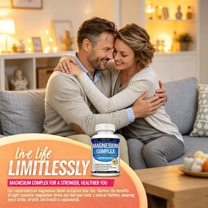 May include: A couple embraces on a gray sofa, with a bottle of "Magnesium Complex" in the foreground. The bottle is white with a blue and white label. Text on the image reads "Live Life Limitlessly" and "Magnesium Complex for a stronger, healthier you."
