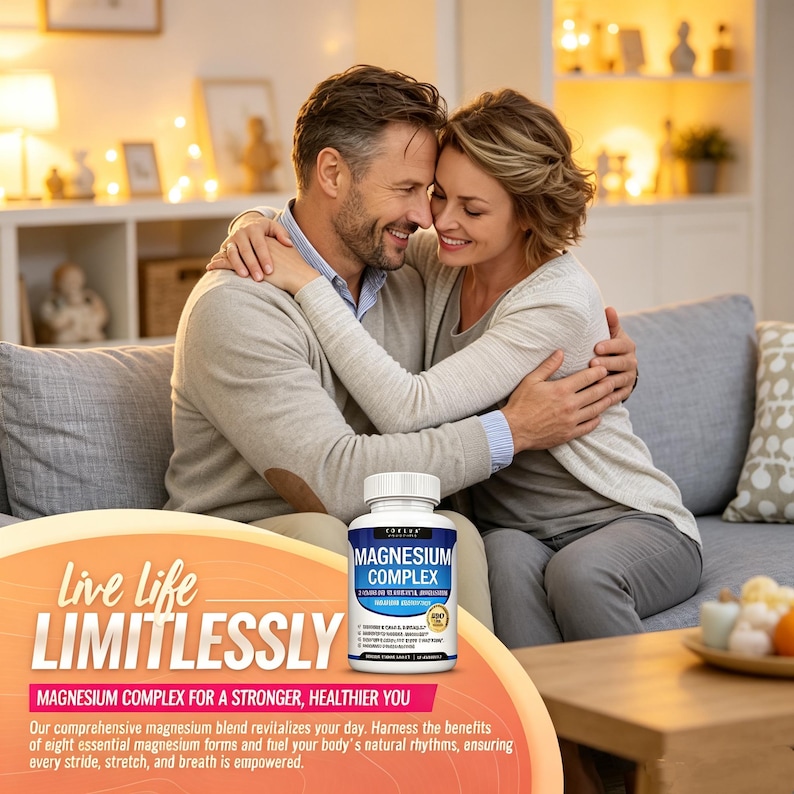 May include: A couple embraces on a gray sofa, with a bottle of "Magnesium Complex" in the foreground. The bottle is white with a blue and white label. Text on the image reads "Live Life Limitlessly" and "Magnesium Complex for a stronger, healthier you."