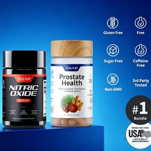 May include: Two supplement bottles, one black with "Nitric Oxide Booster" and the other white with "Prostate Health". The image includes icons for gluten-free, sugar-free, non-GMO, and caffeine-free. A "#1 Bundle" badge and "Made in the USA" label are also present.
