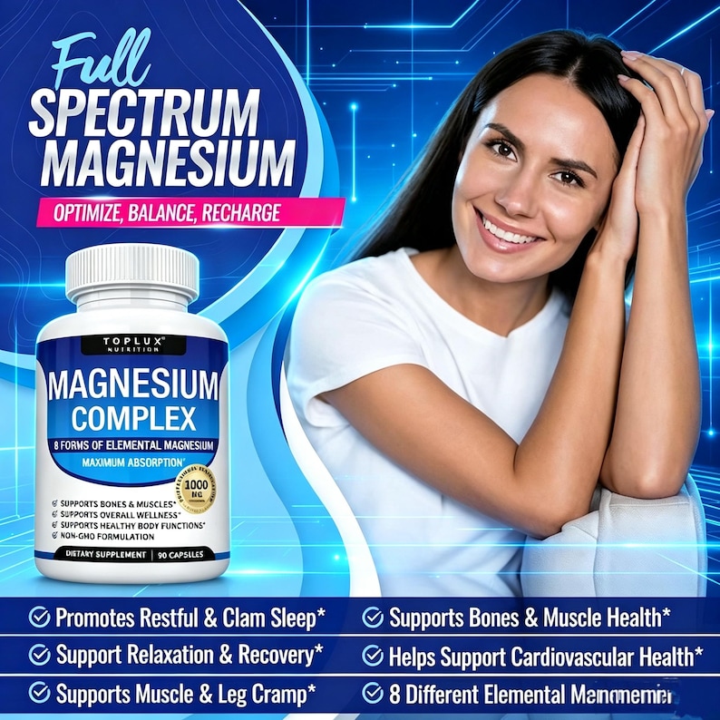 May include: A bottle of Toplux Nutrition Magnesium Complex dietary supplement. The label features the text "Full Spectrum Magnesium" and "Magnesium Complex." The image also includes a woman smiling and text highlighting the supplement's benefits.