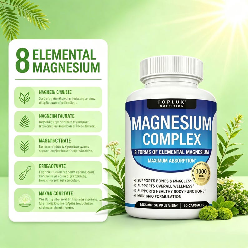 May include: A white bottle of Magnesium Complex supplements with a blue and white label. The label reads "8 Forms of Elemental Magnesium" and "Maximum Absorption." The image also includes a green infographic with text about magnesium.
