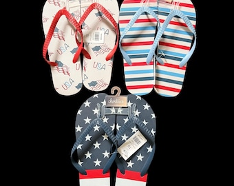 CHATTIES 3pc Sz 9 Unisex USA Flag StarsStripes 4th of July Flip Flop Sandals