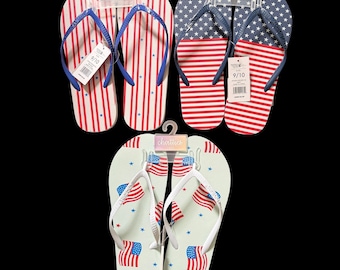 CHATTIES 3pc Sz 10 Unisex USA Flag StarsStripes 4th of July Flip Flop Sandals