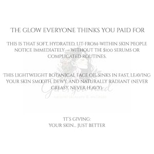 May include: White background with text promoting a botanical face oil. The text reads: "THE GLOW EVERYONE THINKS YOU PAID FOR." It also mentions the oil leaves skin smooth, dewy, and radiant. The brand name is "Good Seeded."