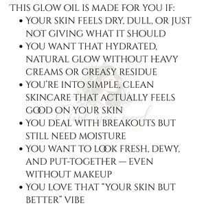 May include: White background with black text that reads "WHO'S IT FOR?" followed by a list of reasons why someone would use glow oil. The text is in a simple, easy-to-read font.