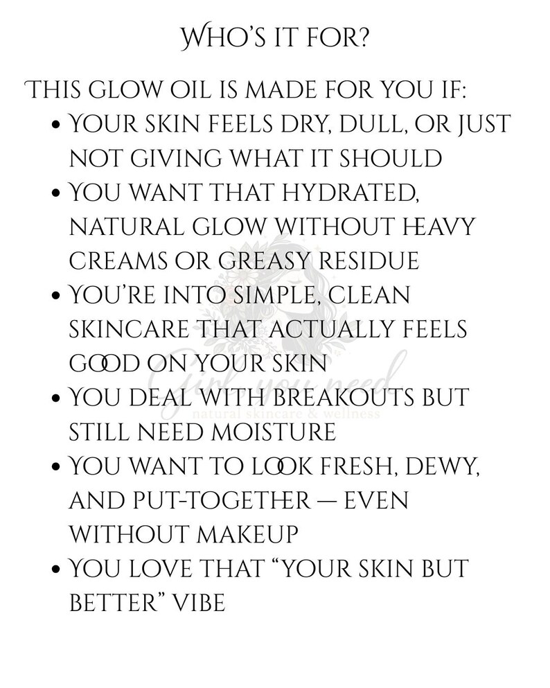 May include: White background with black text that reads "WHO'S IT FOR?" followed by a list of reasons why someone would use glow oil. The text is in a simple, easy-to-read font.
