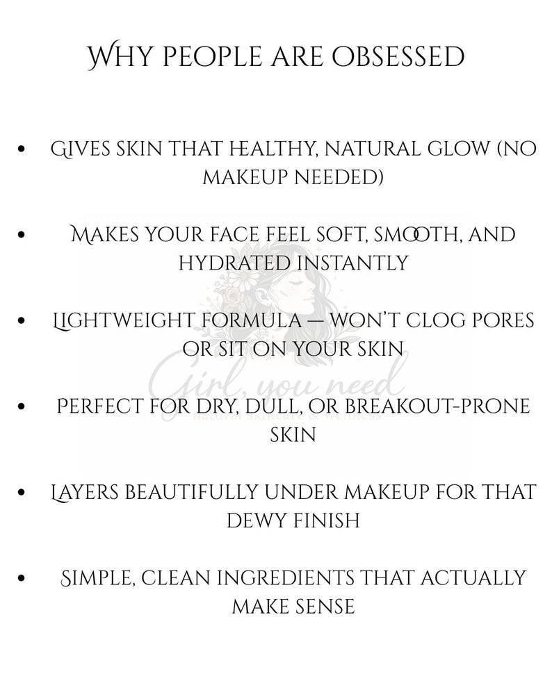 May include: White background with black text that reads "WHY PEOPLE ARE OBSESSED." The text lists benefits such as a healthy glow, soft skin, and lightweight formula. The text also mentions the product is perfect for dry, dull, or breakout-prone skin.