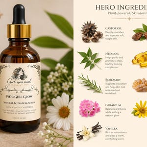 May include: A brown glass bottle of "Poor Girl Glow" natural botanical serum with a gold dropper. The label features a woman's illustration and text. The image also shows ingredients like castor oil, neem oil, and vanilla, with flowers and leaves.
