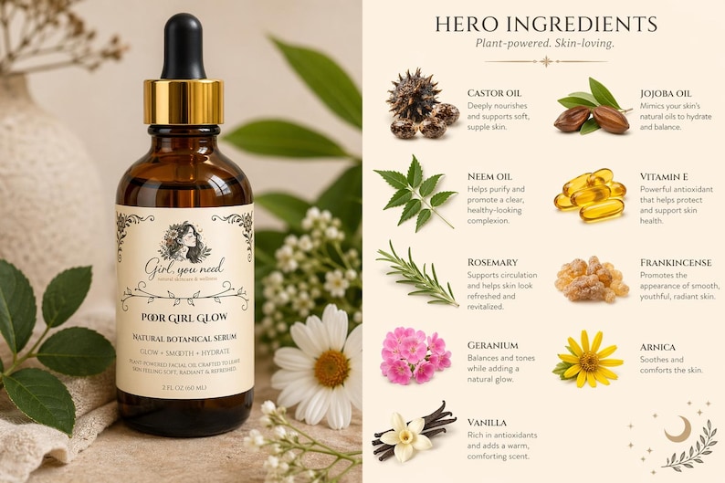 May include: A brown glass bottle of "Poor Girl Glow" natural botanical serum with a gold dropper. The label features a woman's illustration and text. The image also shows ingredients like castor oil, neem oil, and vanilla, with flowers and leaves.