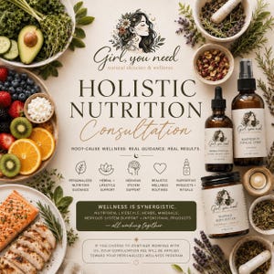 May include: An advertisement for "Girl, you need" natural skincare and wellness. The image features a variety of products, including a topical spray, herbal tincture, and whipped body butter. Fresh fruits, vegetables, and cooked salmon are also displayed.