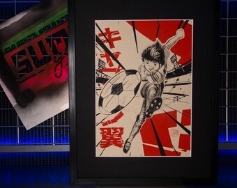 Arte Sumi-e de Captain Tsubasa Soccer - Decoración de manga de fútbol japonés, lámina deportiva de anime retro