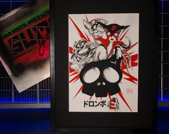 Arte Sumi-e pintado a mano de YATTAMAN / Serigrafía japonesa Katagami para decoración de pared de anime