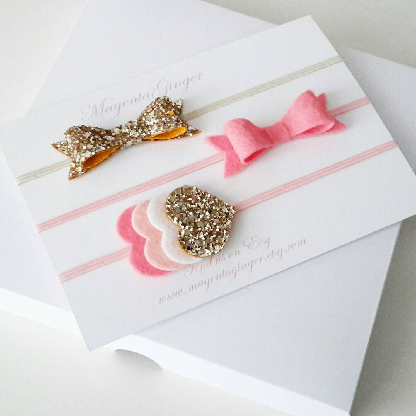 Baby/Girl Gold Bow Headband Pink Bow Headband Layered Heart Etsy