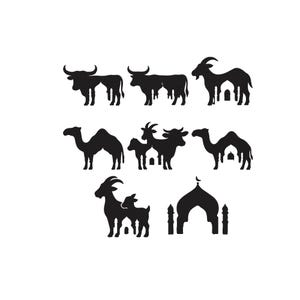 May include: Black silhouette illustrations of farm animals and a mosque. The image includes cows, goats, and camels. The mosque has a dome and minarets. The animals are in various poses.