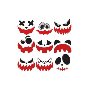 May include: A collection of nine distinct facial expressions arranged in a grid, featuring black eyes and red mouths. The designs include various shapes such as X-shaped eyes, wide circular eyes, and jagged, toothy grins, all rendered in a flat graphic style.